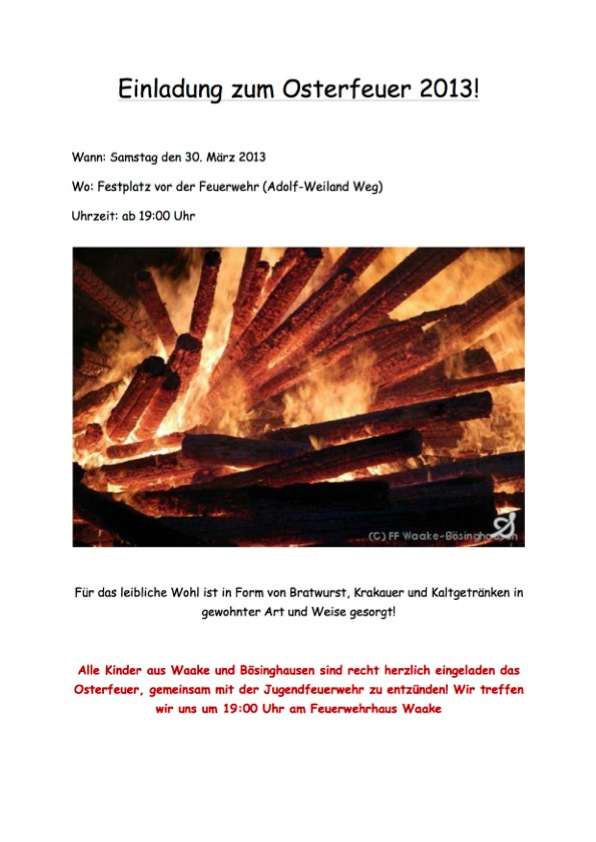 Einladung zum Osterfeuer 2013